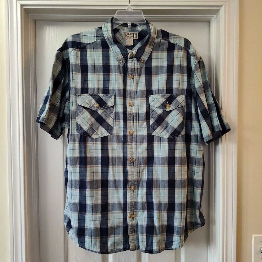 Duluth Trading Co Mens Size‎ XXL Blue/Aqua Plaid Short Sleeve Button Up Oxford
